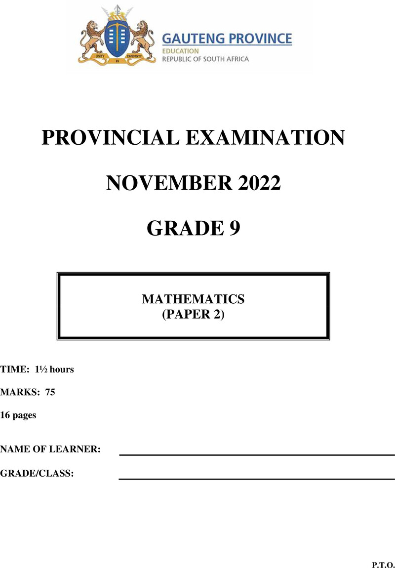 Grade 9 Provincial Exam Mathematics P2 Ng November 2022 QP
