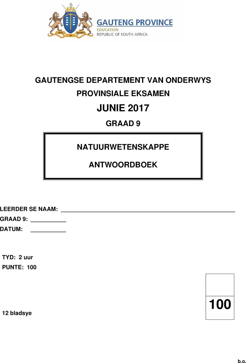 Grade 9 Provincial Exam Natural Sciences Afr June 2017 Possible Answer