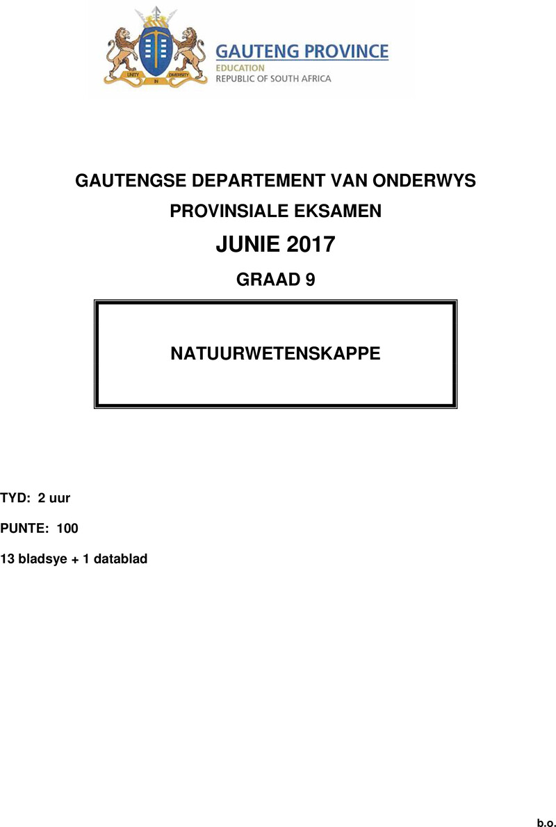 Grade 9 Provincial Exam Natural Sciences Afr June 2017 QP