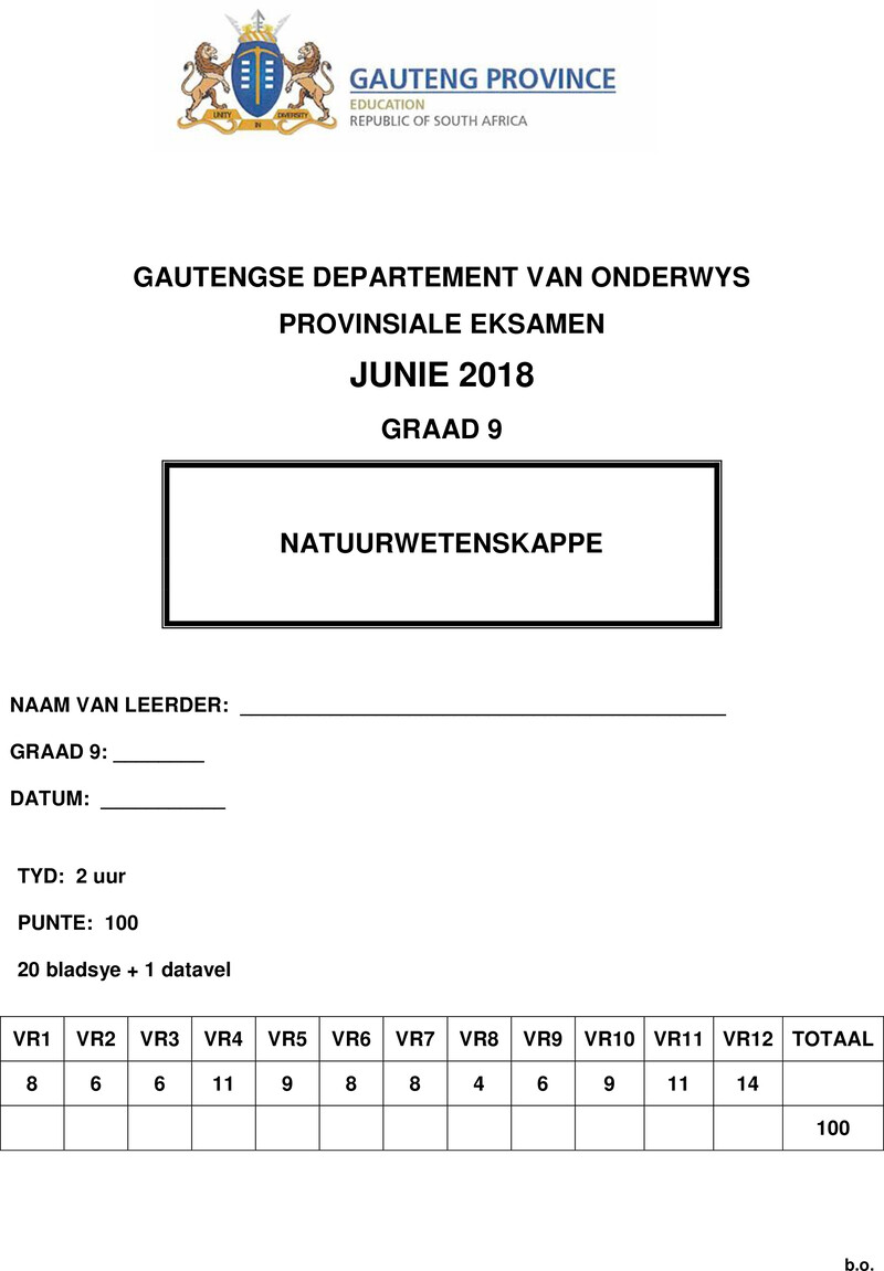 Grade 9 Provincial Exam Natural Sciences Afr June 2018 QP