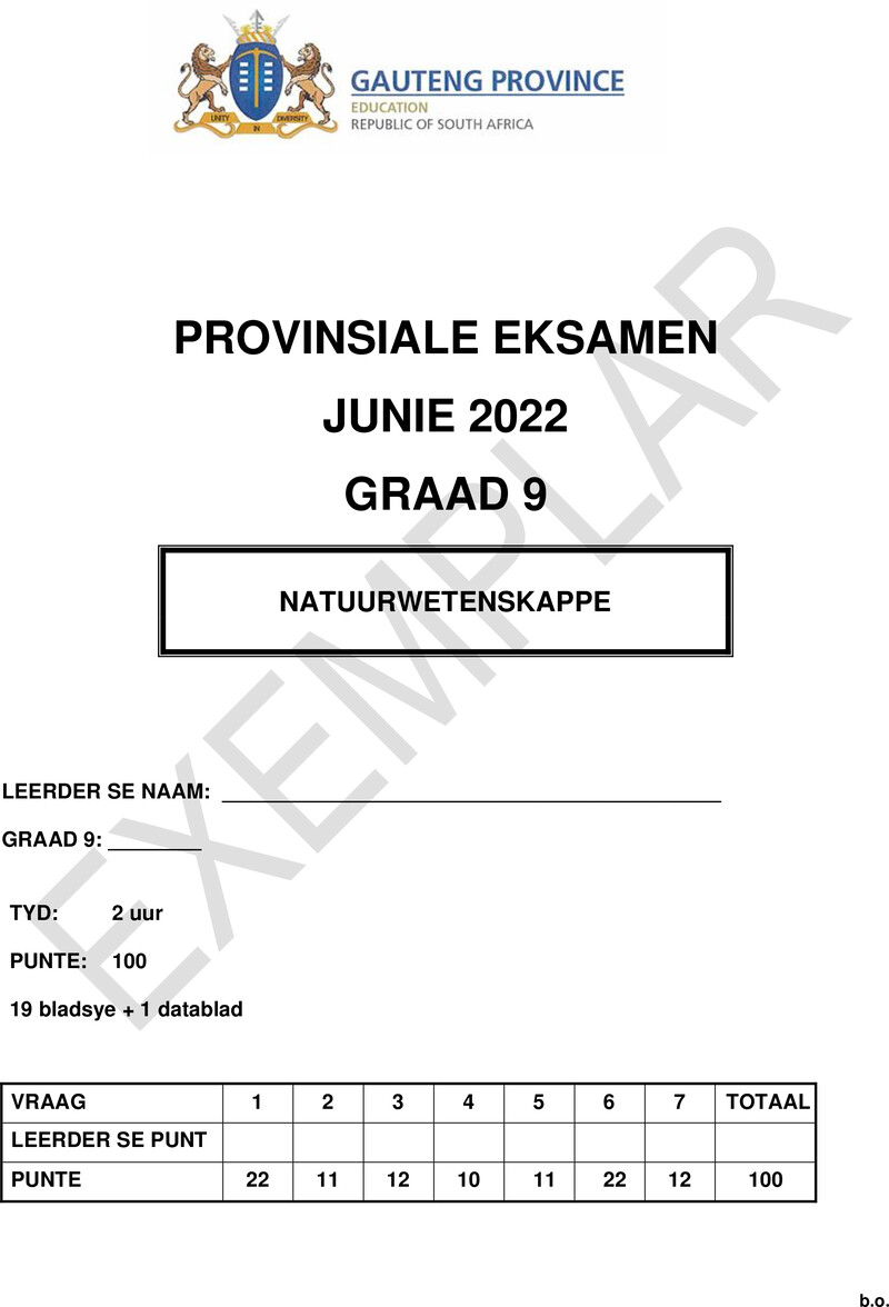 Grade 9 Natuurwetenskappe past paper 2022 – grade 9 provincial exam natural sciences afr june 2022 qp