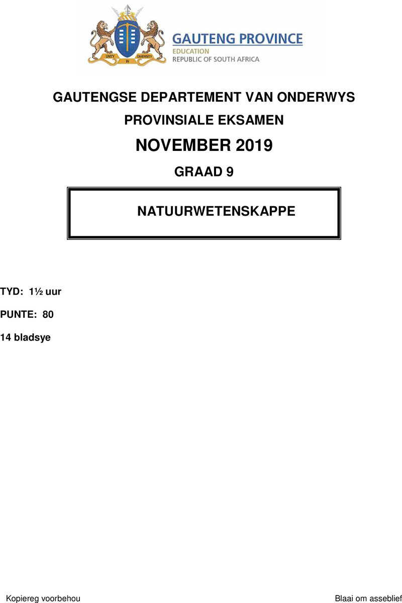 Grade 9 Natuurwetenskappe past paper 2019 – grade 9 provincial exam natural sciences afr november 2019 qp