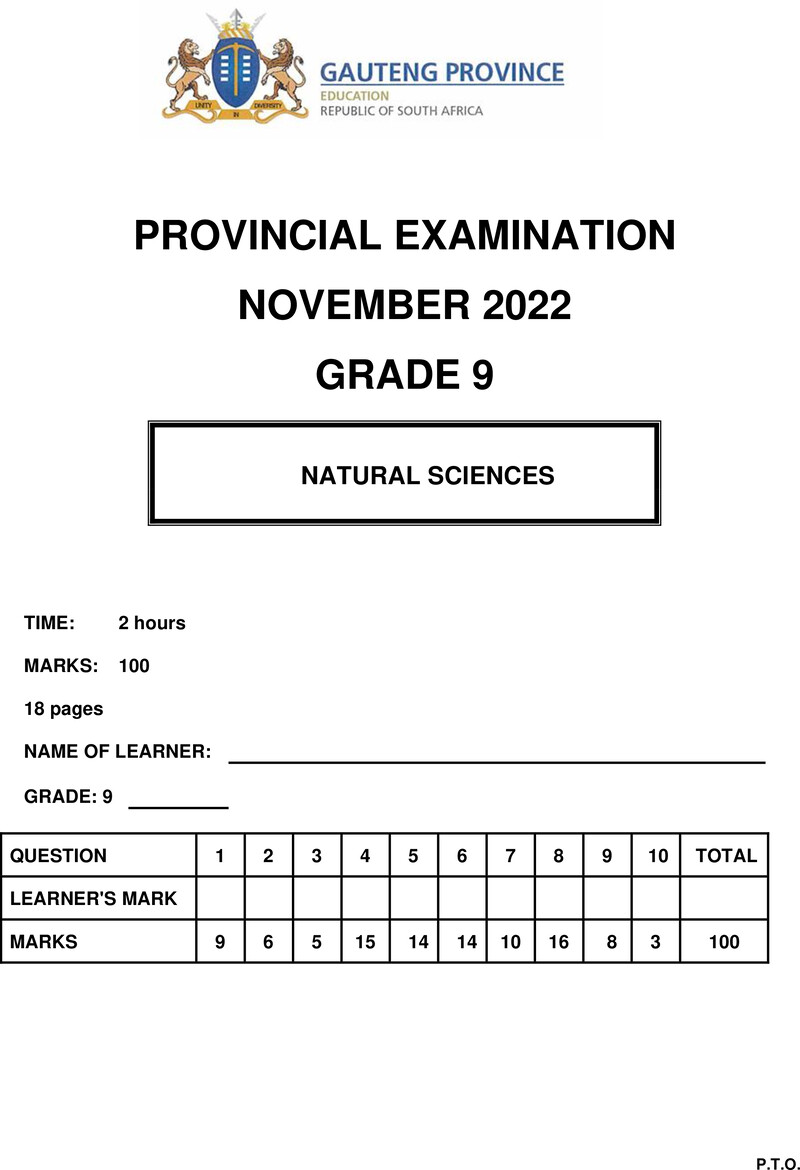 Grade 9 Provincial Exam Natural Sciences Ng November 2022 QP