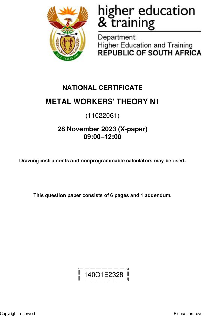 T1140 Metal Workers Theory N1 Nov QP 2023 Ed