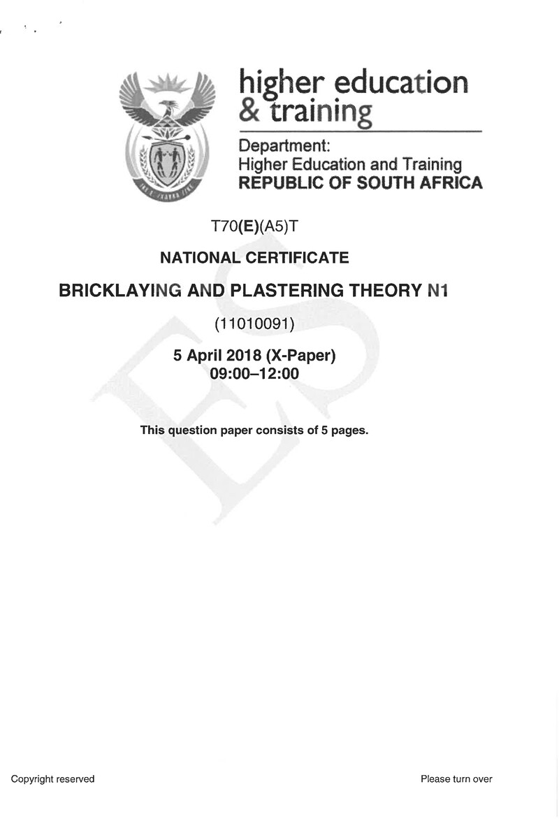 Bricklaying And Plastering N1 Exam Paper 1 2018