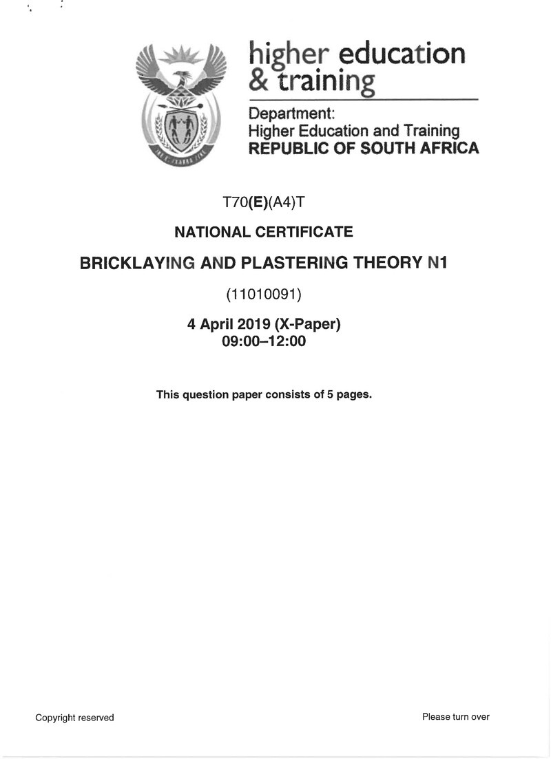 Bricklaying And Plastering N1 Exam Paper 1 2019