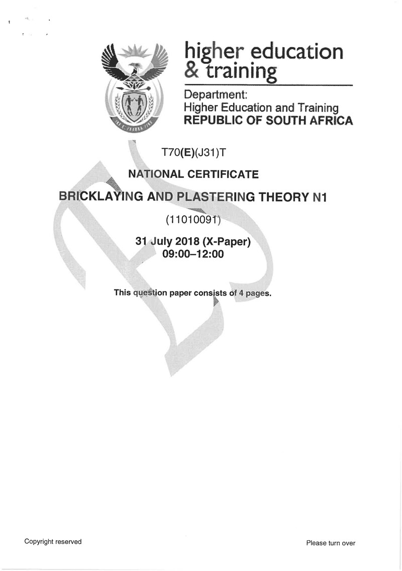 Bricklaying And Plastering N1 Exam Paper 2 2018