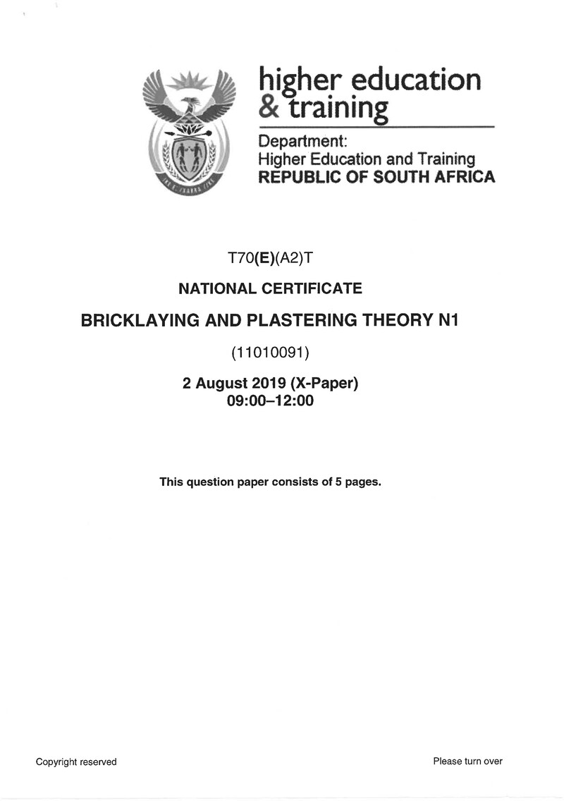 Bricklaying And Plastering N1 Exam Paper 2 2019
