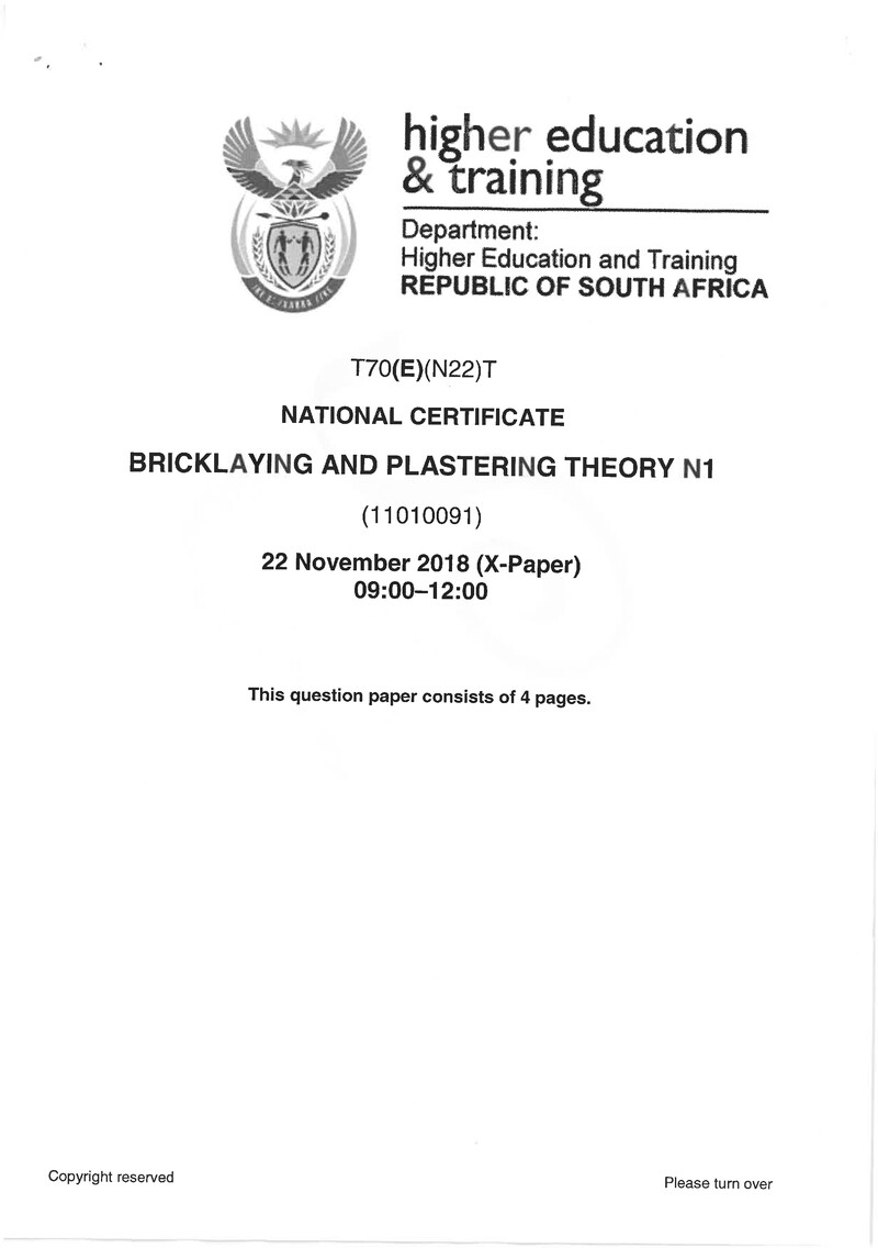 Bricklaying And Plastering N1 Exam Paper 3 2018