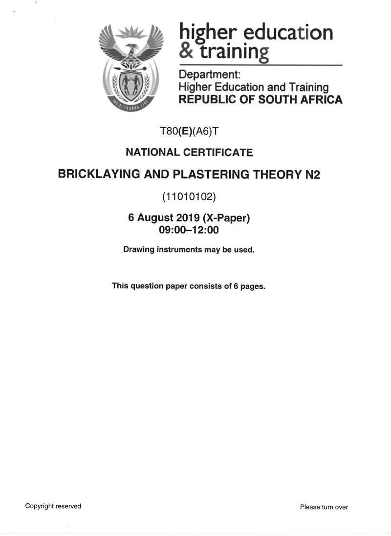 Bricklaying And Plastering Theory N2 Exam Paper 2 2019