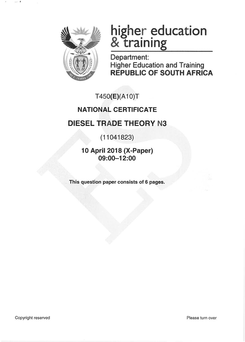 Diesel Trade Theory N3 Exam Paper 1 2018