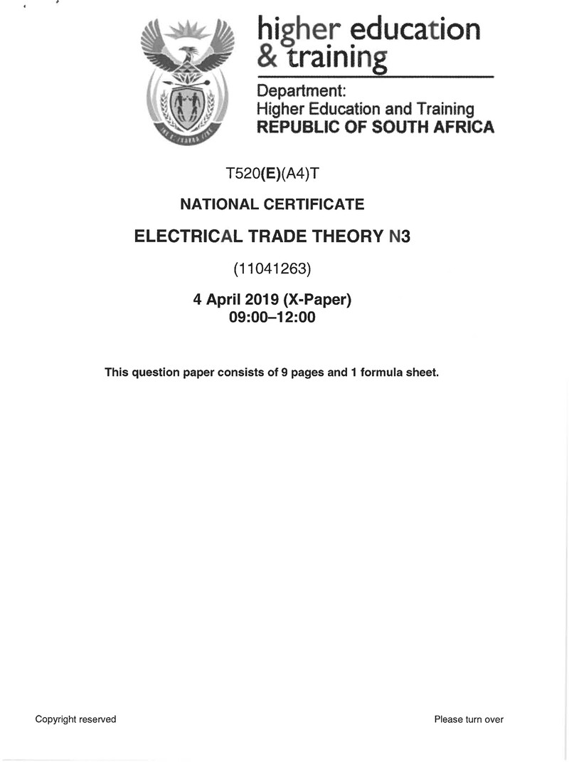 Electrical Trade Theory N3 Exam Paper 1 2019