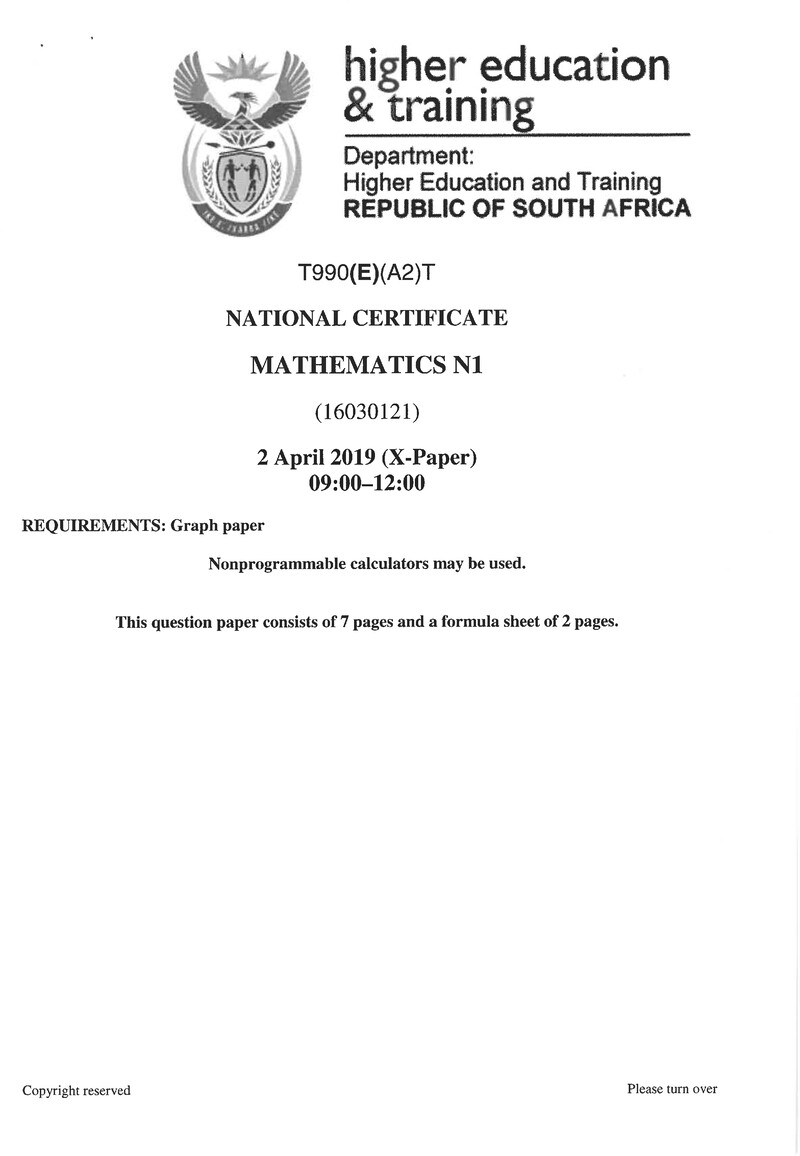 Mathematics N1 Exam Paper 1 2019