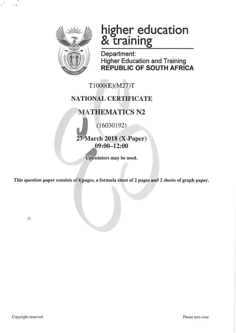 Mathematics N2 Exam Paper 1 2018