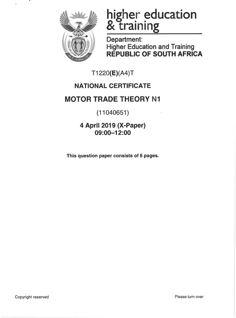 Motor Trade Theory N1 Exam Paper 1 2019