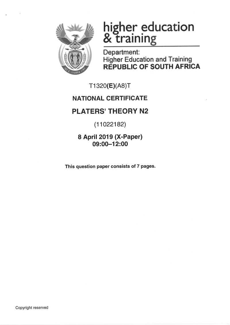 Platers Theory N2 Exam Paper 1 2019