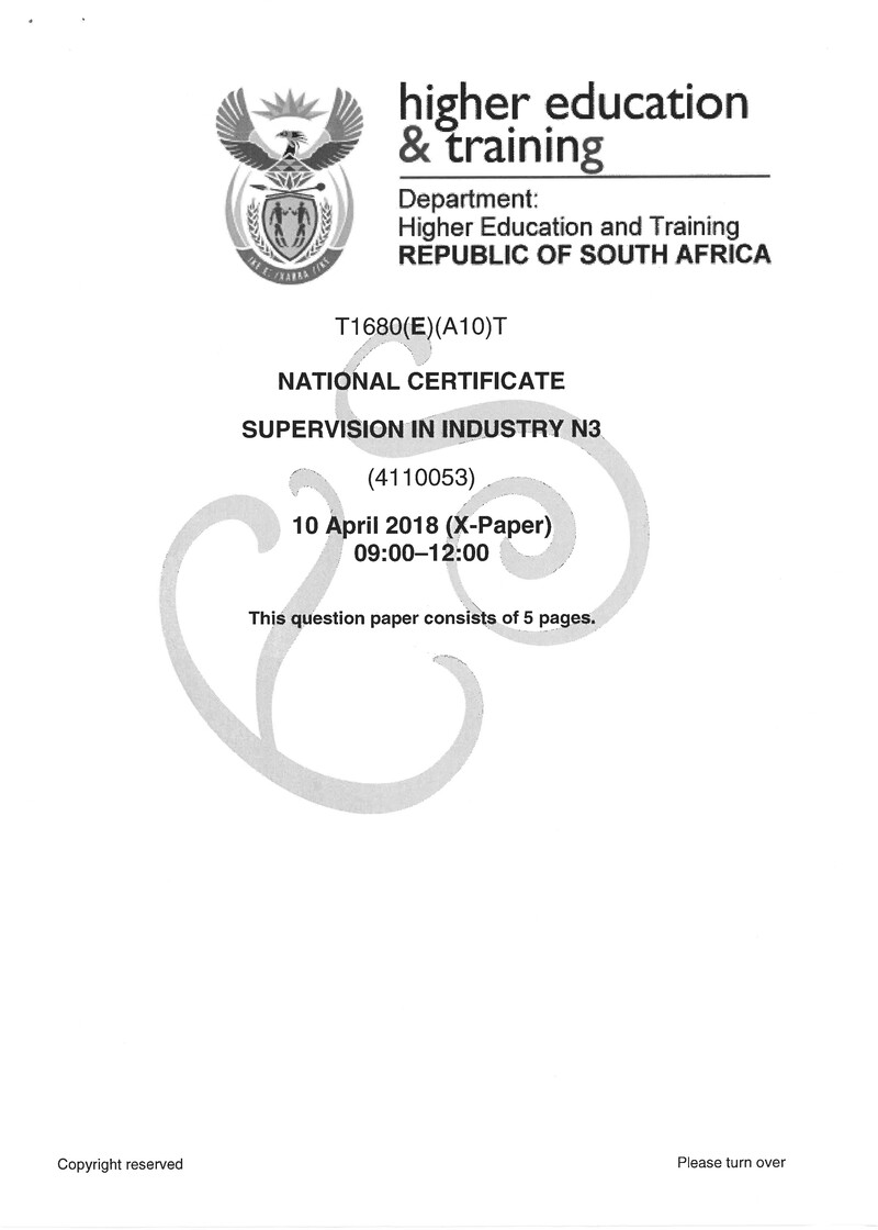Supervision In Industry N3 Exam Paper 1 2018