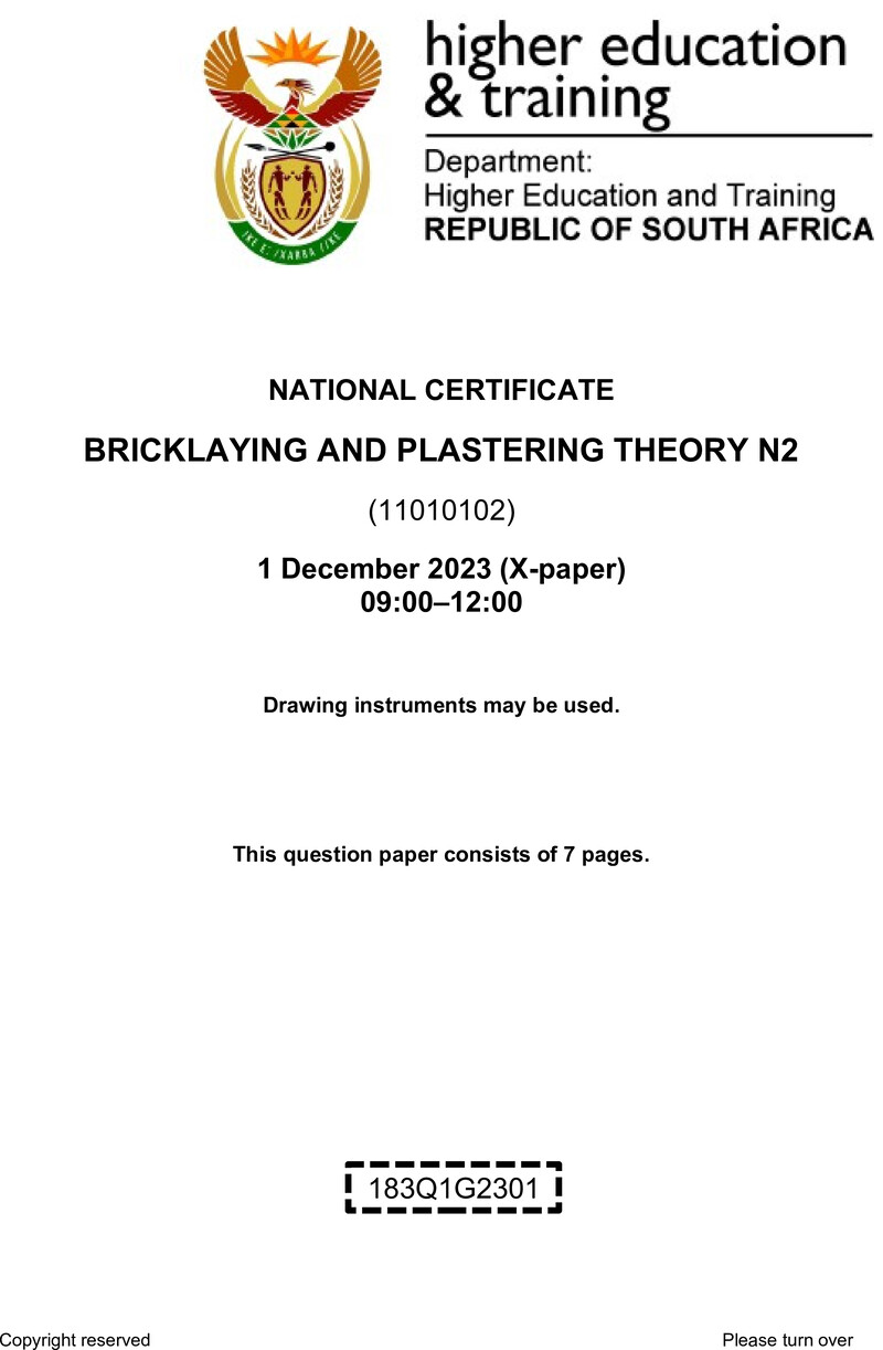 T80 Bricklaying And Plastering Theory N2 QP Nov 2023 Sign Off De Jager T