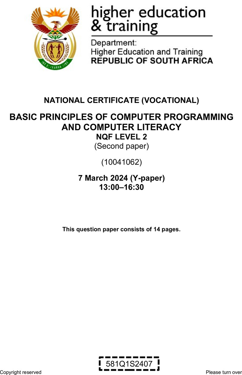 Nc000 Basic Principles Of Computer Programming And Computer Literacy L2 P2 Supp QP 2024