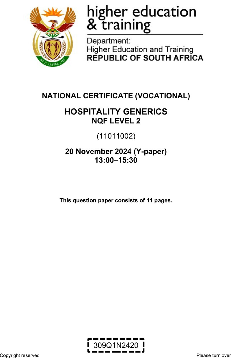 Nc1460 Hospitality Generics L2 QP Nov 2024