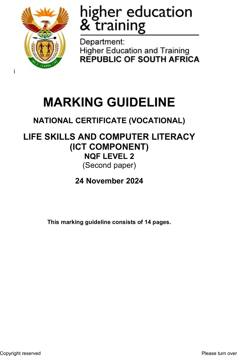 Nc1820 Life Skills And Computer Literacy L2 P2 Memo Nov 2024