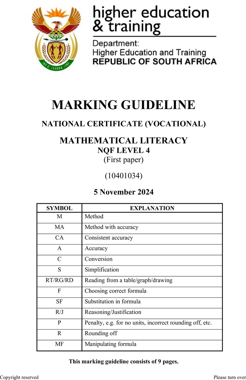 Mathematical Literacy L4 P1 MEMO Nov 2024 preview