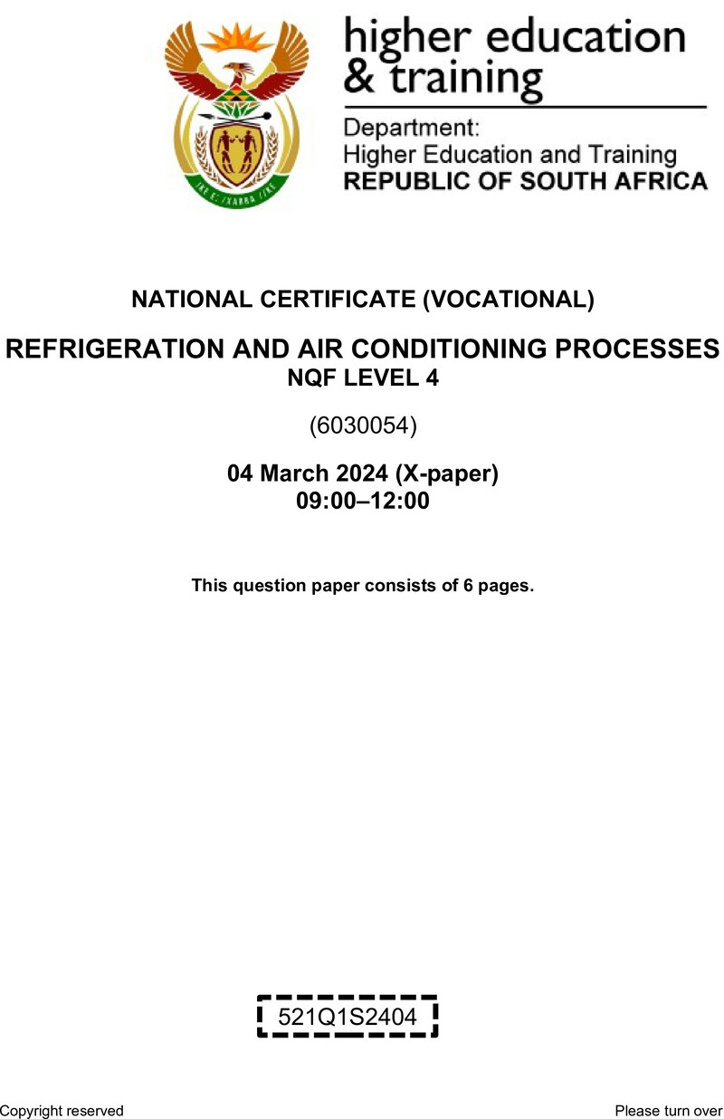 Nc2610 Refrigeration And Air Conditioning Processes L4 QP Supp 2024