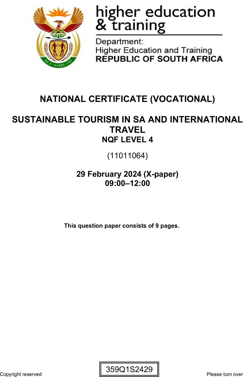Nc2790 Sustainable Tourism In Sa And International Travel L4 Supp 2024 QP