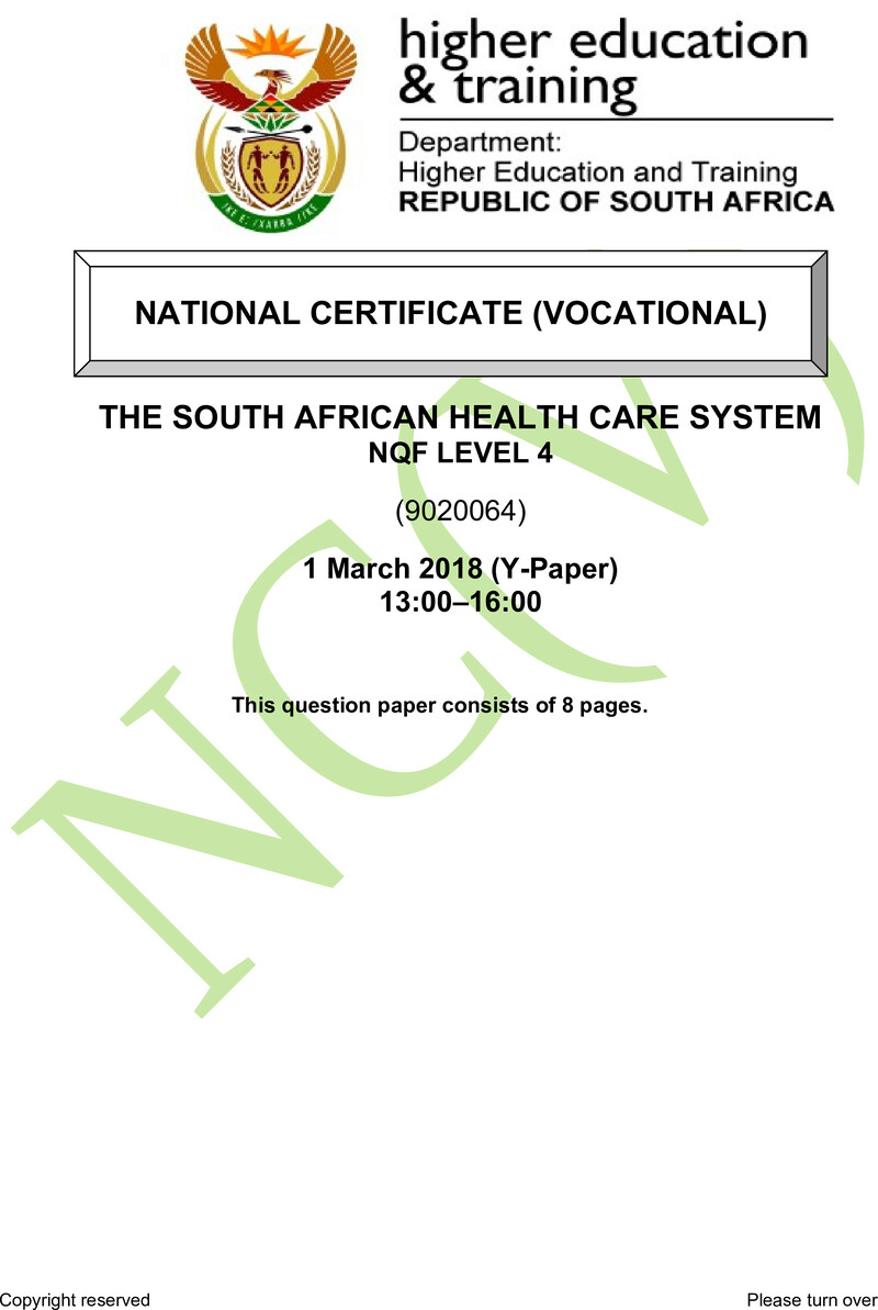 Nc2840 The South African Health Care Systems L4 Supp QP 2018