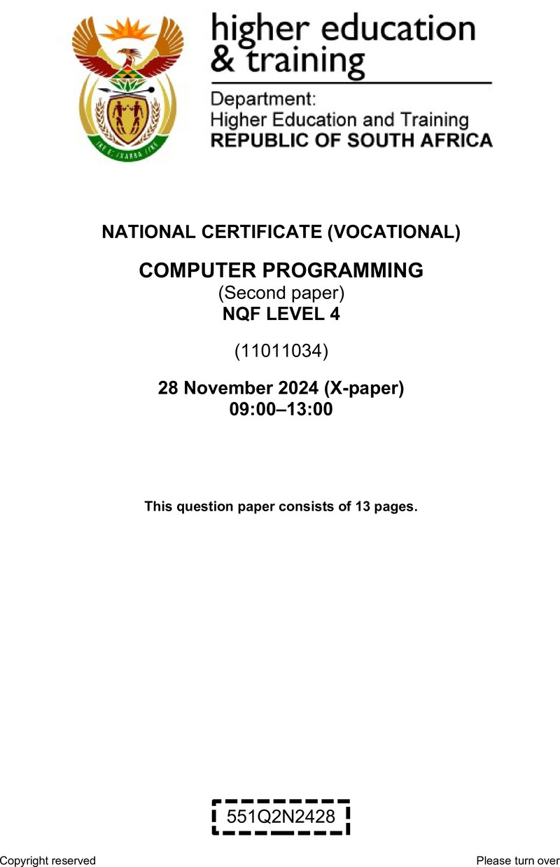 Nc540 Computer Programming L4 P2 QP Nov 2024