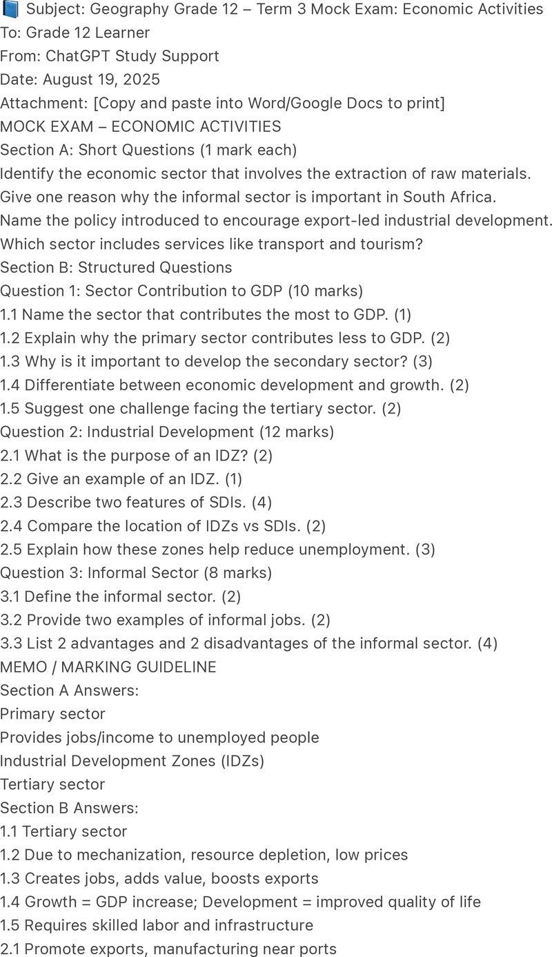 Subject Geography Grade 12 Term 3 Mock Exam Economic Activities