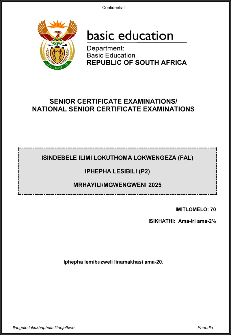 Grade 12 isiNdebele past paper 2025 – isindebele fal p2 may june 2025 gr12