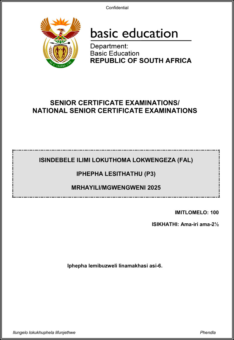 Grade 12 isiNdebele past paper 2025 – isindebele fal p3 may june 2025 gr12