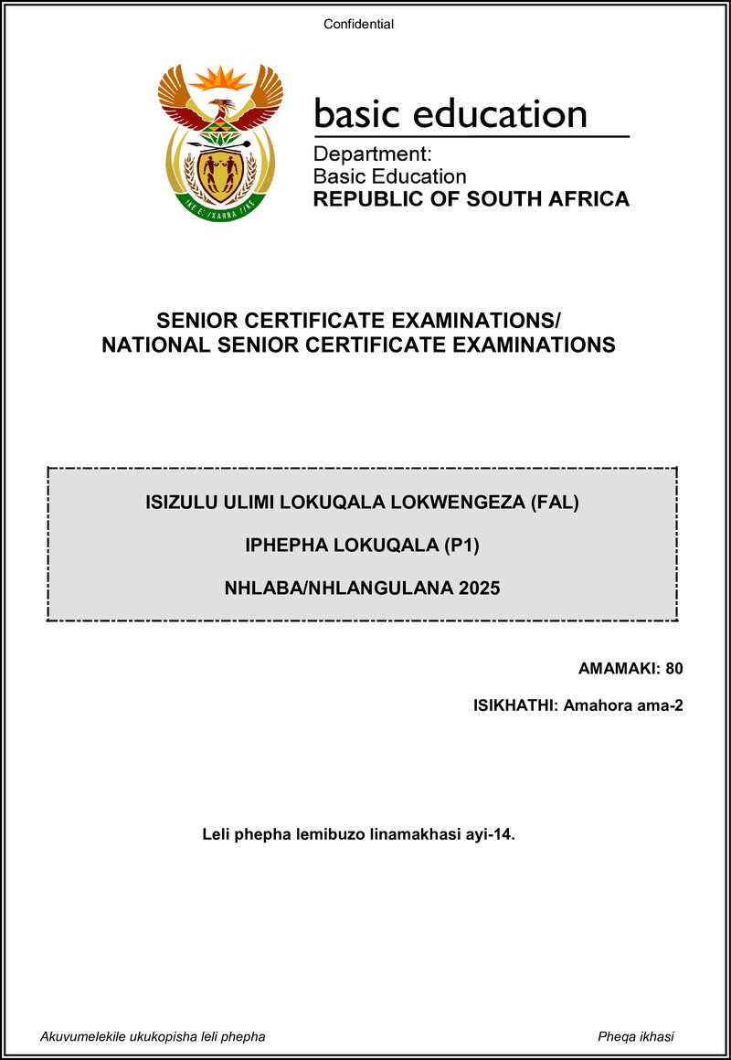 Isizulu Fal P1 May June 2025 Gr12