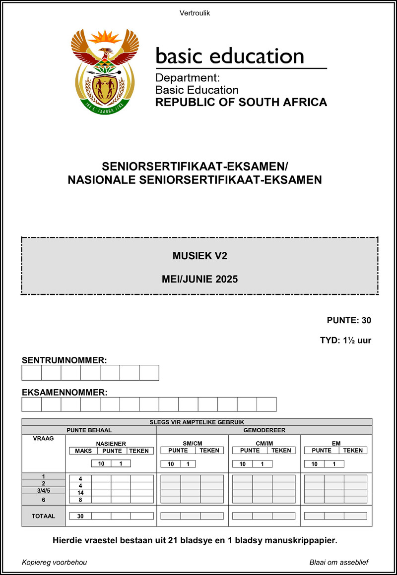 Grade 12 Music past paper 2025 – music p2 may june 2025 afr gr12