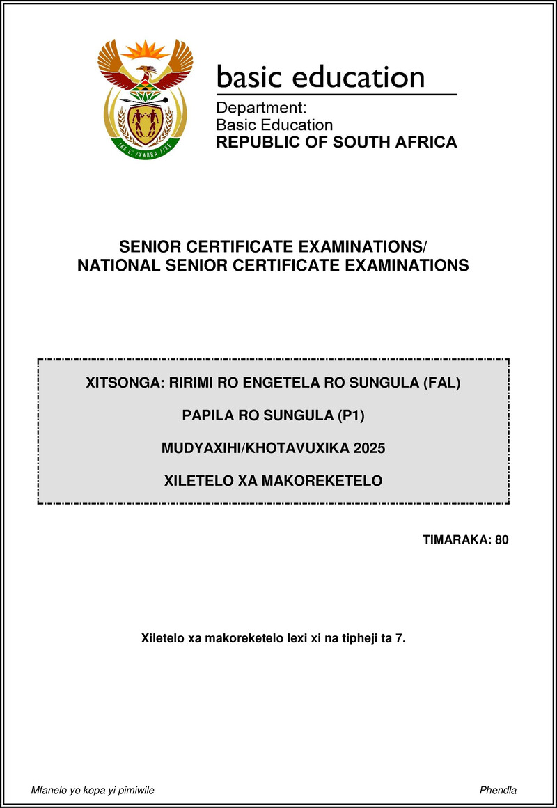 Grade 12 Xitsonga past paper 2025 – xitsonga fal p1 may june 2025 mg gr12