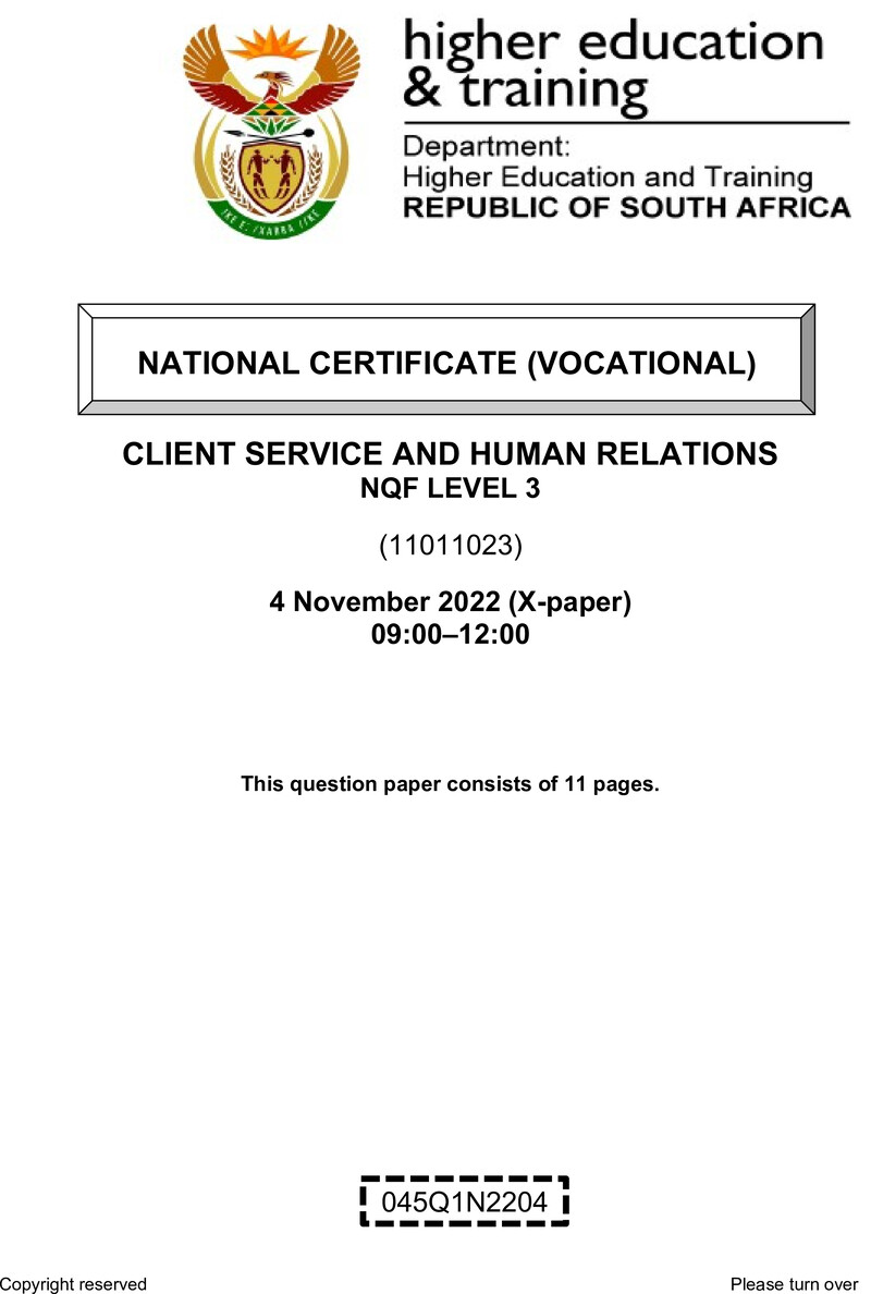 Nc470 Client Service And Human Relations L3 QP Nov 2022