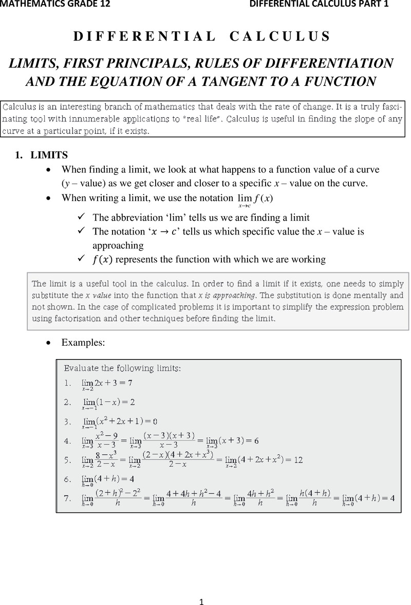 Grade 12 Mathematics Differential Calculus