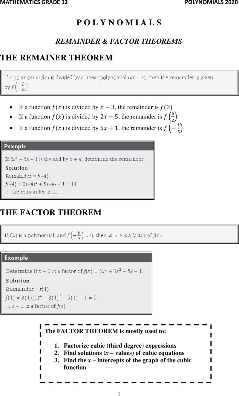 Grade 12 Mathematics Polynomials