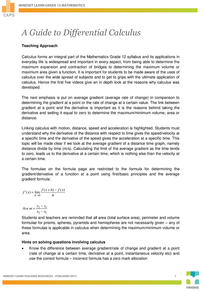 Maths 12 2 A Guide To Differential Calculus