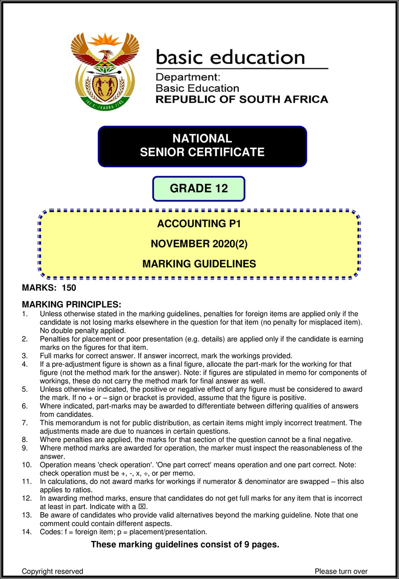 Accounting P1 Nov 2020 Memo Eng 2 Gr12