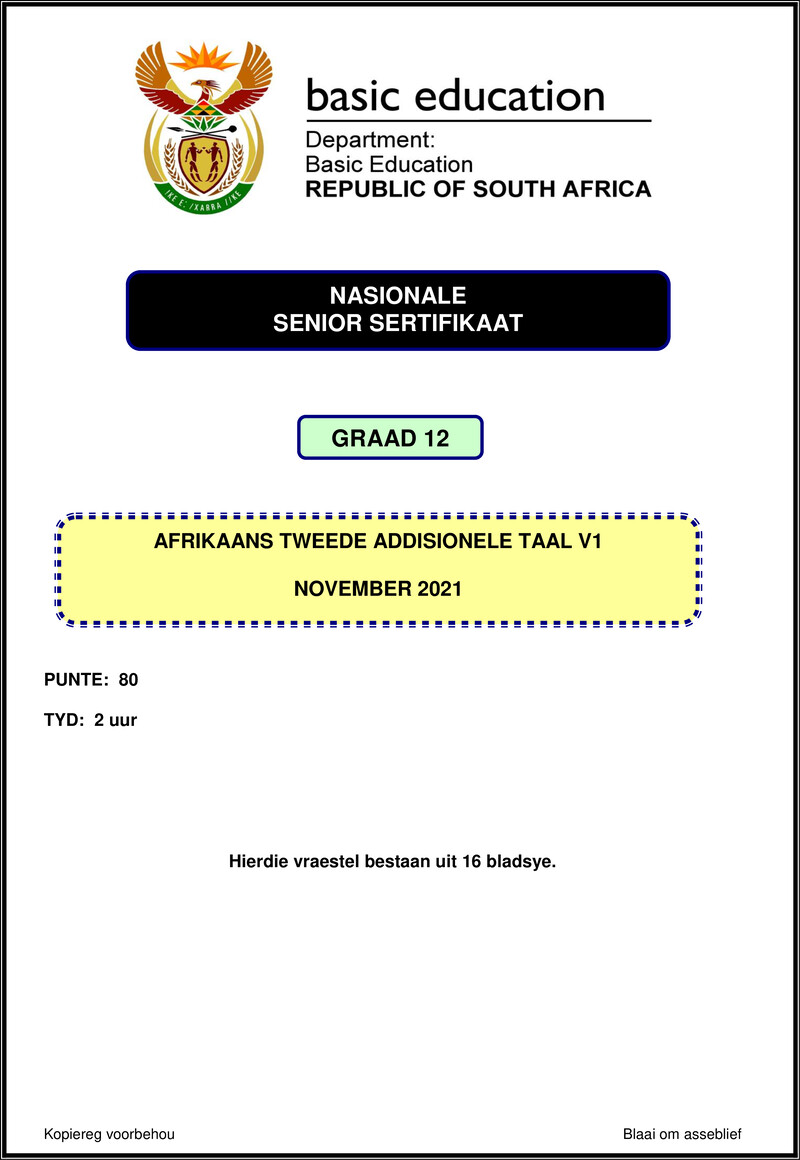 Grade 12 Afrikaans past paper 2021 – afrikaans sal p1 nov 2021 gr12