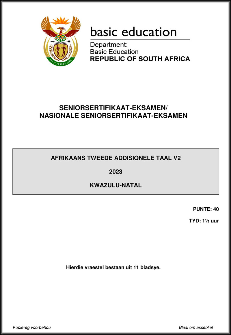 Afrikaans Sal P2 May June 2023 Kwa Zulu Natal 1 Gr12