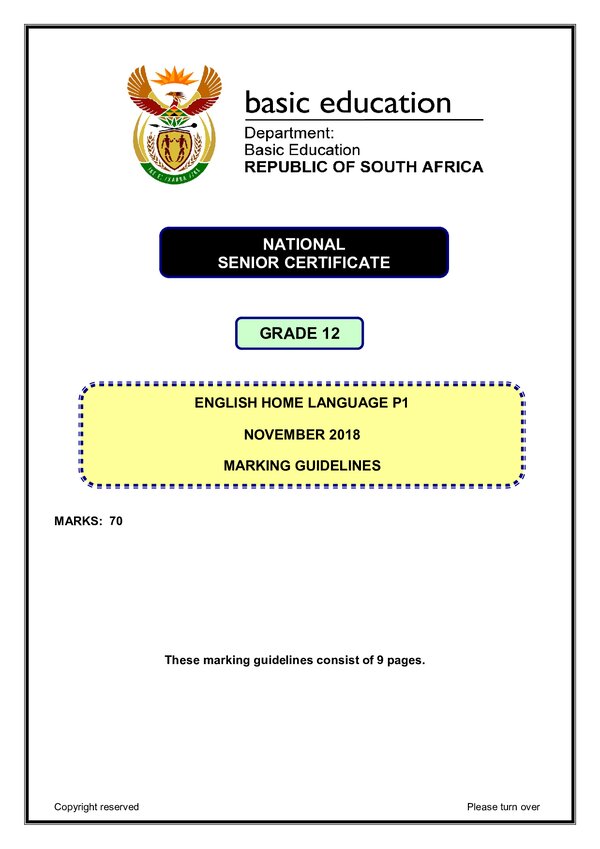 Grade 12 English past paper 2018 – English HL P1 memo gr12