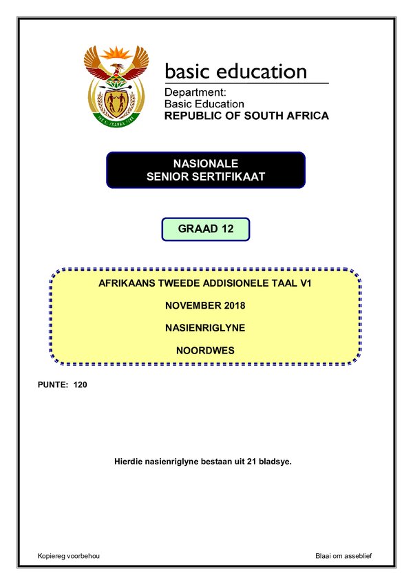 Grade 12 Afrikaans past paper 2018 – Afrikaans SAL P1 memo (North West) gr12