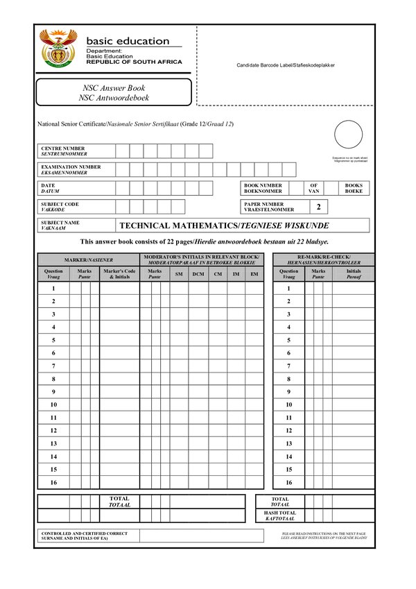 Paper 2 Answerbook (Afrikaans And English) Gr12