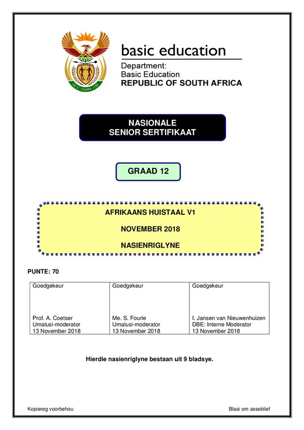 Grade 12 Afrikaans past paper 2018 – Afrikaans HL P1 memo gr12