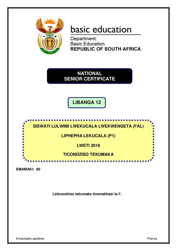 Grade 12 Siswati past paper 2018 – Siswati FAL P1 memo gr12