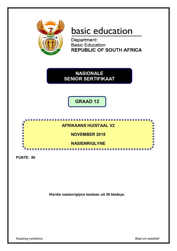 Grade 12 Afrikaans past paper 2018 – Afrikaans HL P2 memo gr12