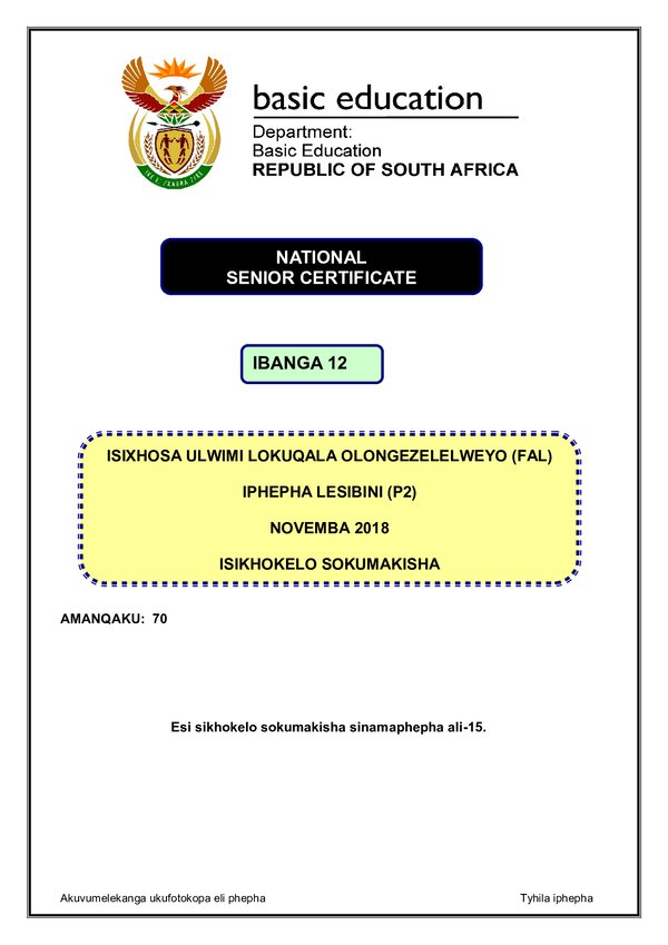 Grade 12 isiXhosa past paper 2018 – IsiXhosa FAL P2 memo gr12